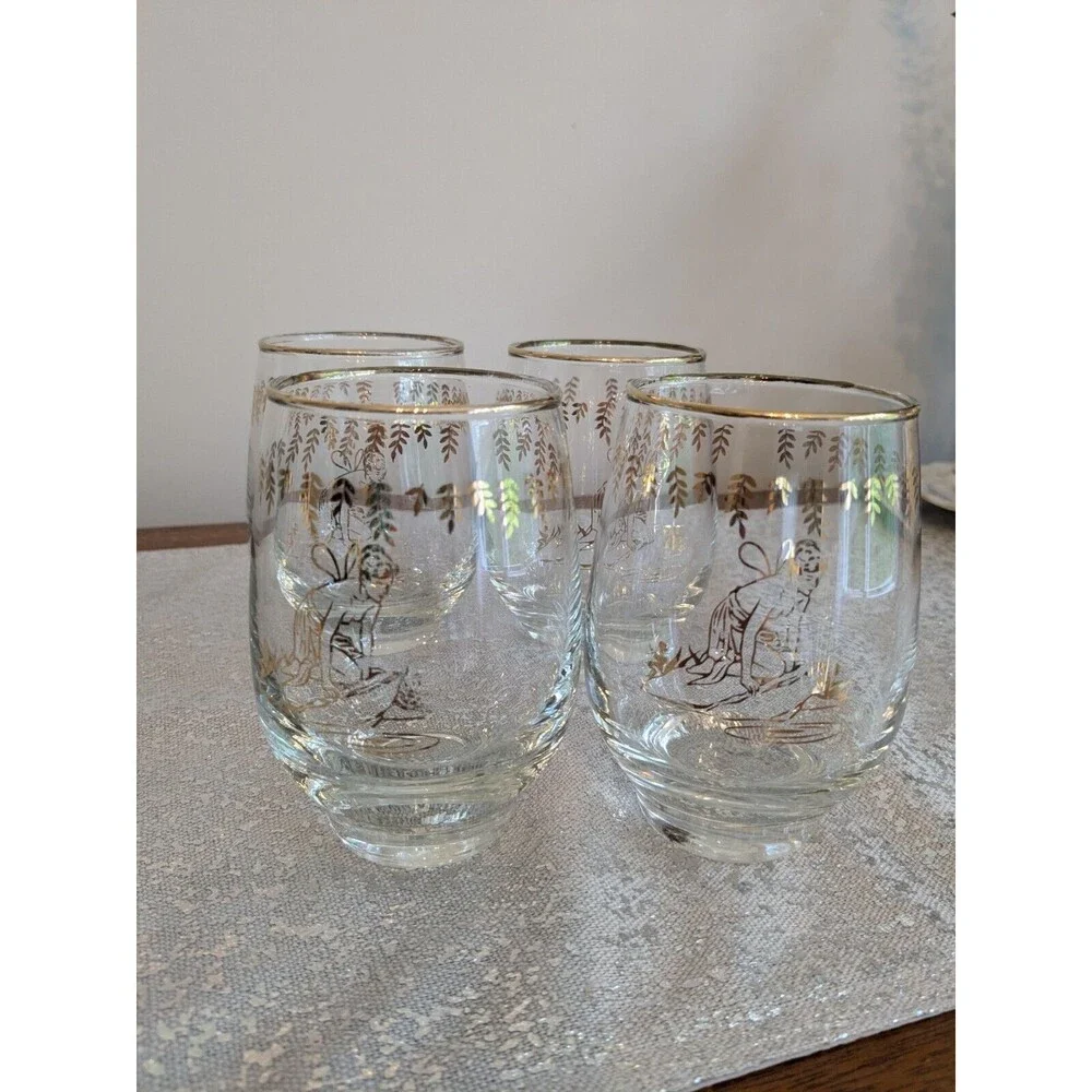 White Rock Tumblers Set 4 Nymph Fairy VTG GingerAle Gold Paint Glass MCM 50s 60s